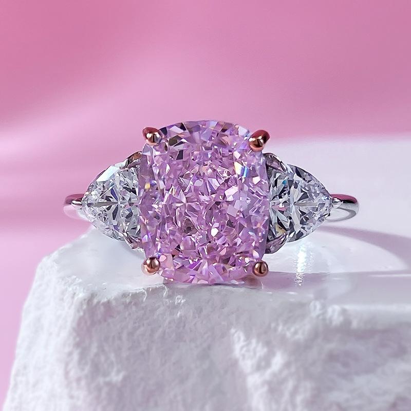 S925 Sterling Silver Pink Three Stones Square 8*10mm 6A Cubic Zirconia Ring-150(45%)