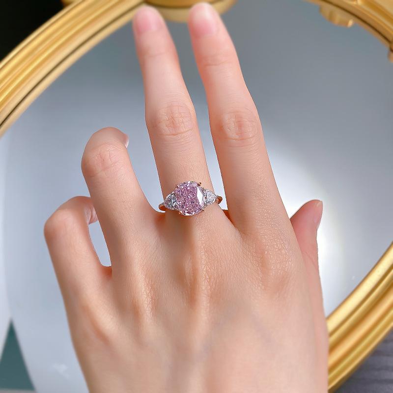 S925 Sterling Silver Pink Three Stones Square 8*10mm 6A Cubic Zirconia Ring-150(45%)