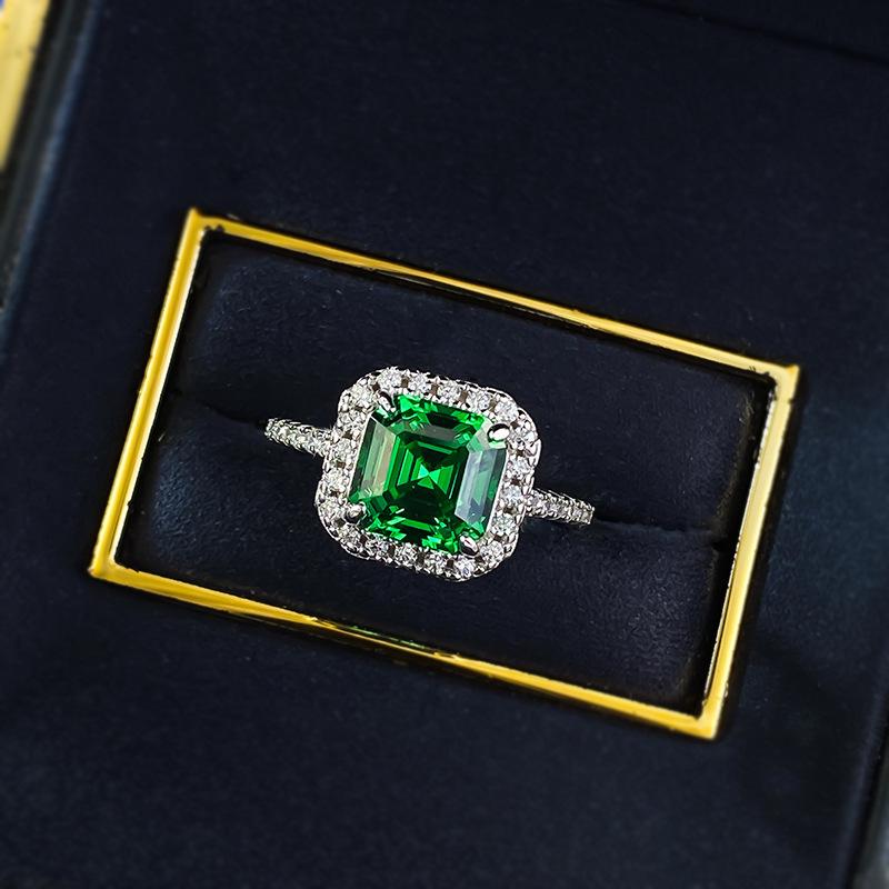 S925 Sterling Silver Green Asscher Cushion Square 8*8mm 6A Cubic Zirconia Ring-151(45%)