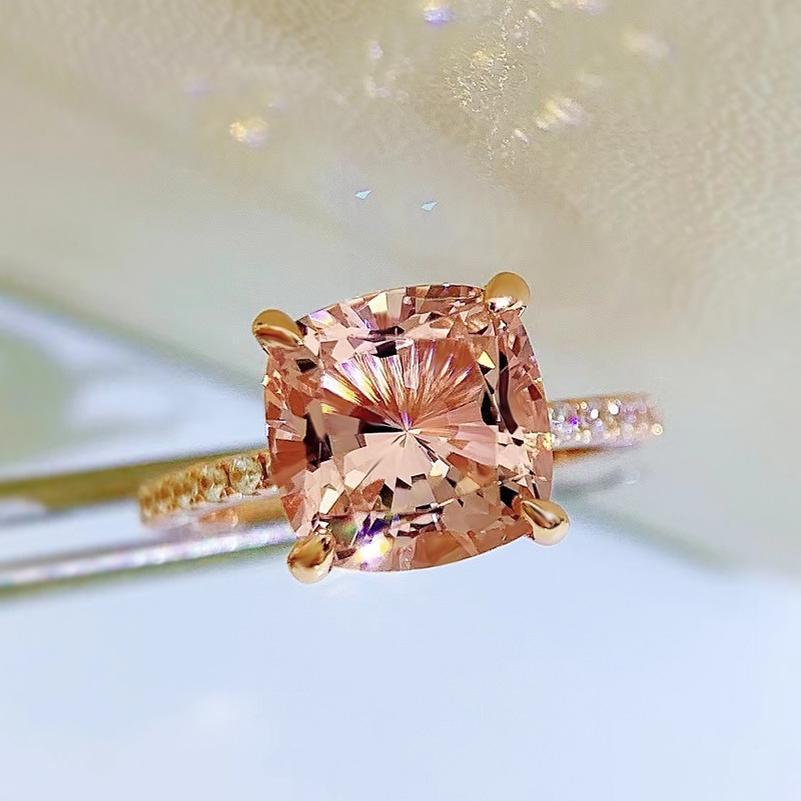 S925 Sterling Silver Champagne Fat Square Cut High Carbon Ring 9*9mm 6A Cubic Zirconia Ring-457(25%)