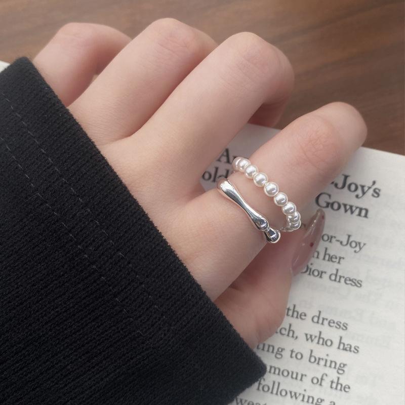 S925 Sterling Silver Double-Layer Pearl Ring for Women Switchable Index Finger Ring-512(45%)