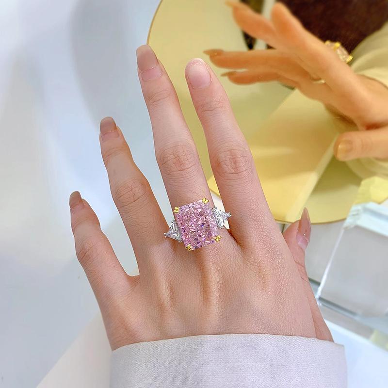 S925 Sterling Silver Pink/Yellow Rectangular Ice Flower Cut Three Stones 13*16mm 8A Cubic Zirconia Ring-444(25%)