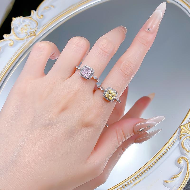 S925 Sterling Silver Princess Square Cut Yellow/Pink 6*6mm 6A Cubic Zirconia Ring-452(25%)