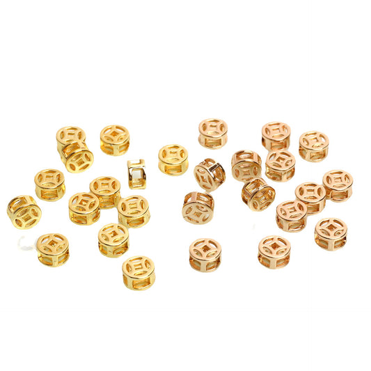 Hollow Copper Beads In The Shape Of Coins  For Jewelry DIY，Covered by 14/18K Real Gold Or Silver