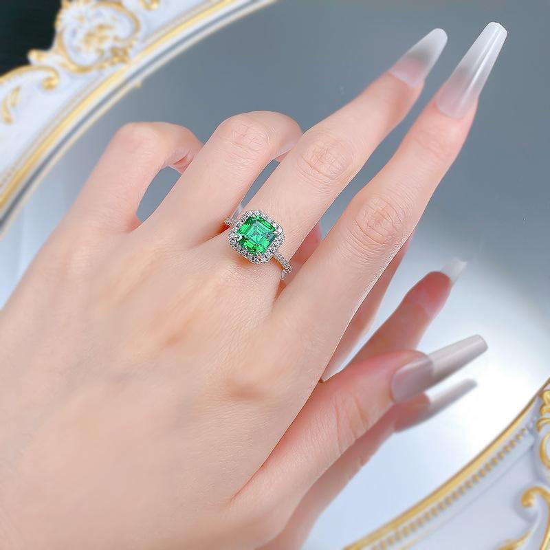 S925 Sterling Silver Green Asscher Cushion Square 8*8mm 6A Cubic Zirconia Ring-151(45%)