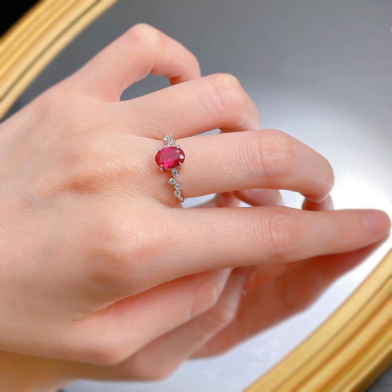 S925 Sterling Silver Red Oval 6*8mm 6A Cubic Zirconia Ring-140(45%)