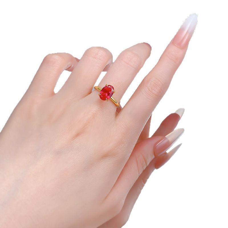 S925 sterling silver red oval cut golden plated ring 7*10mm 6A cubic zirconia ring -102(35%)