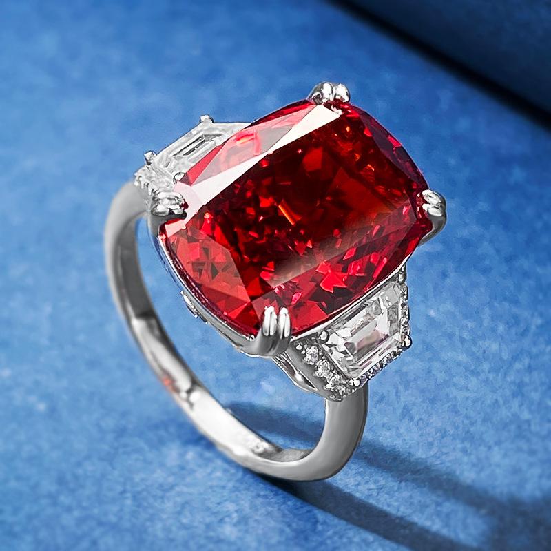 S925 Sterling Silver Red Three Stones Rectangular 11*15mm 8A Cubic Zirconia Ring-135(45%)