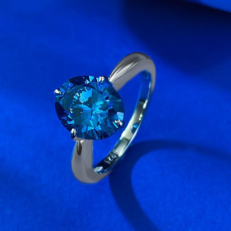 S925 Sterling Silver Blue Oval Cut Oval Ring 8*10mm 6A Cubic Zirconia Ring-374(35%)