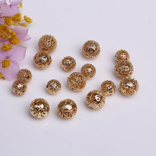 Carve Designs Hollow Copper Beads For Jewelry DIY，Covered By 14/18K Real Gold Or Silver