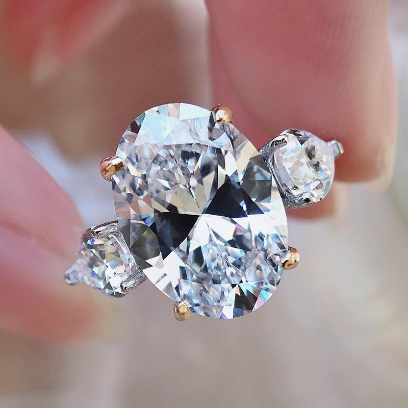 S925 Sterling Silver Purple Three-stones Oval Cut Oval Ring 10*14mm 6A Cubic Zirconia Ring Purple/Yellow/White-365(35%)