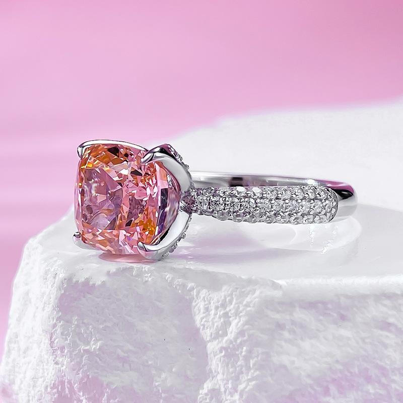 S925 Sterling Silver Pink Flower Bud Square 8*8mm 6A Cubic Zirconia Ring-426(25%)