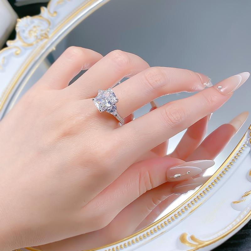 S925 Sterling Silver Ice Flower Cut Rectangular Three Stones Ring 8*11mm 5carat 8A Cubic Zirconia Ring-450(25%)