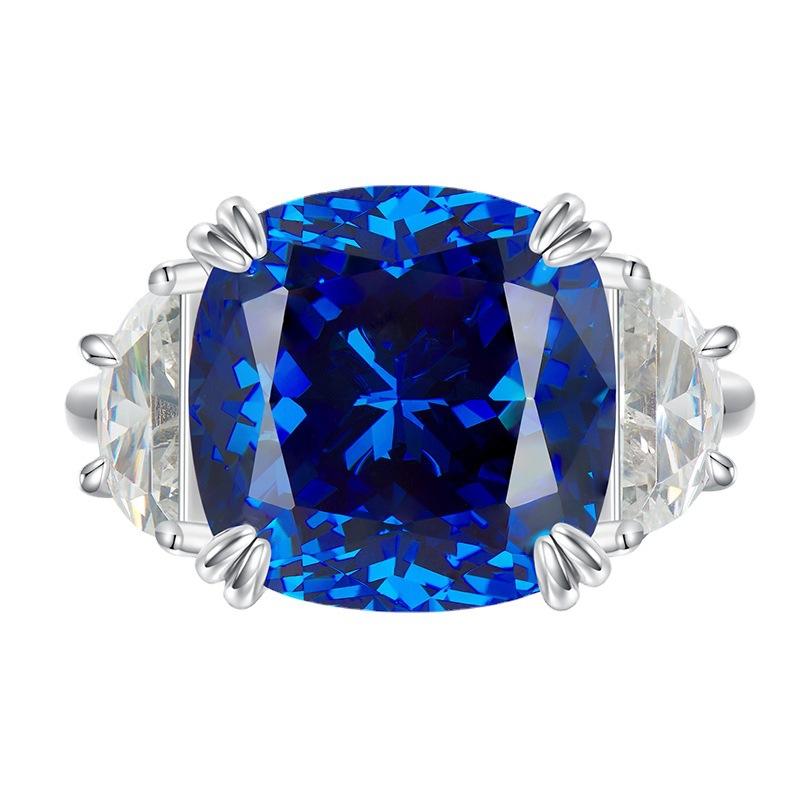 S925 Sterling Silver Blue Three Stones Square Four claws 13*13mm 8A Cubic Zirconia Ring-134(45%)