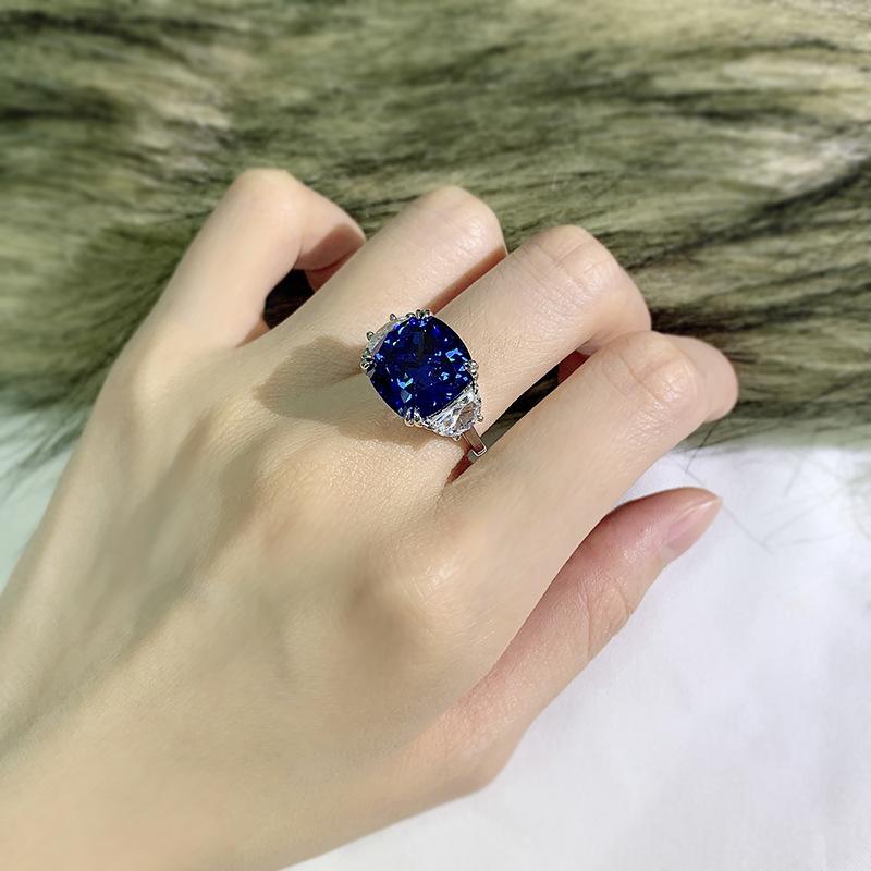 S925 Sterling Silver Blue Three Stones Square Four claws 13*13mm 8A Cubic Zirconia Ring-134(45%)