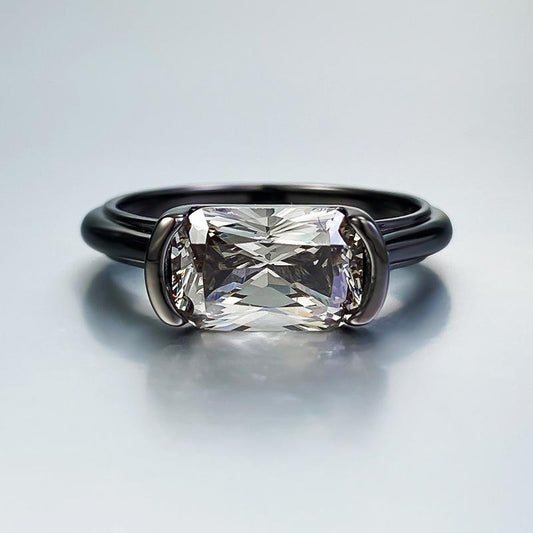 S925 Sterling Silver Black Golden Radiant Cut Rectangular Ring 6*9mm 6A Cubic Zirconia Ring-348(35%)