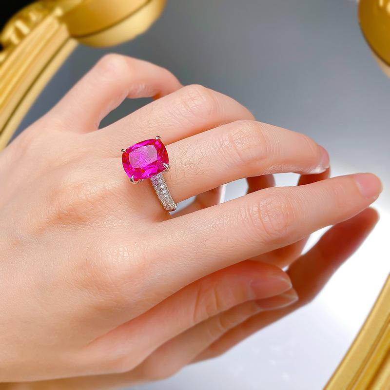 S925 Sterling Silver Rose Red Square Four Claws 10*12mm  6A Cubic Zirconia Ring-144(45%)