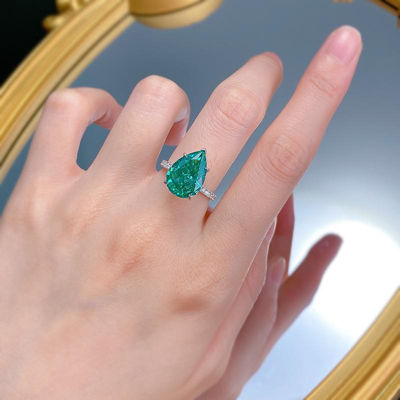 S925 Sterling Silver Water Drop Pear Green 10*14mm 8A Cubic Zirconia Ring-145(45%)