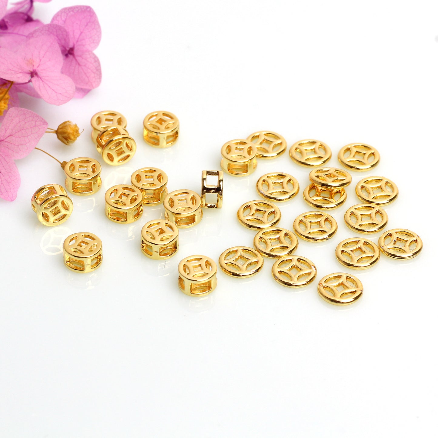 Hollow Copper Beads In The Shape Of Coins  For Jewelry DIY，Covered by 14/18K Real Gold Or Silver