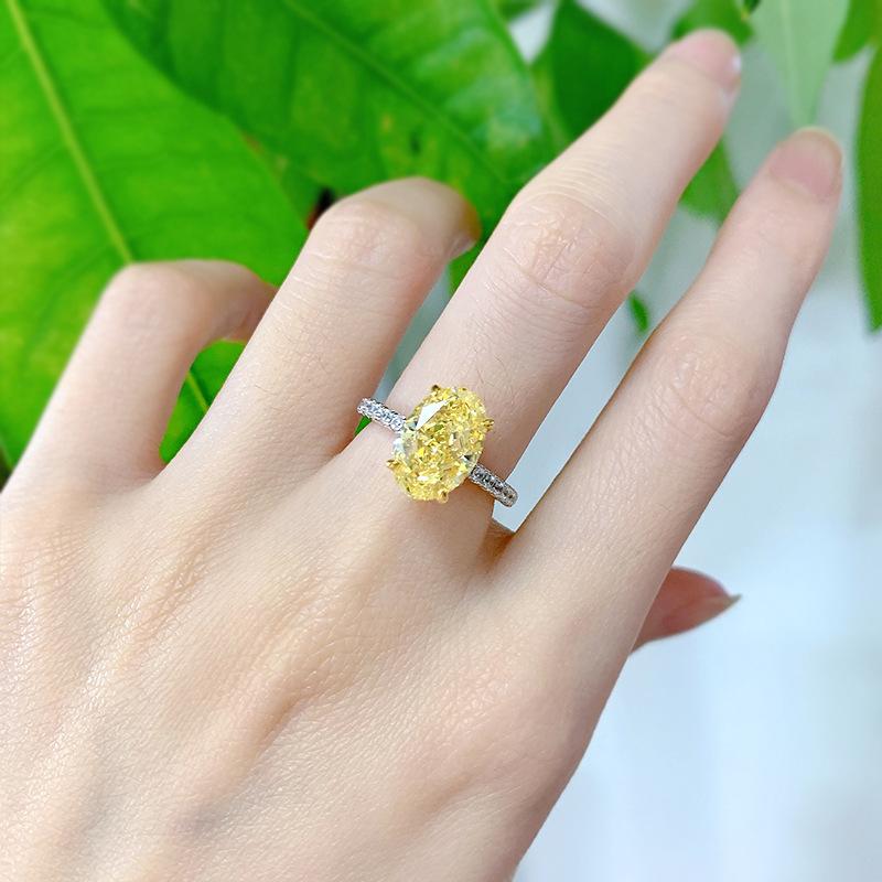 S925 Sterling Silver Yellow Radiant Cut Oval Ring 8*12mm 6A Cubic Zirconia Ring-247(35%)