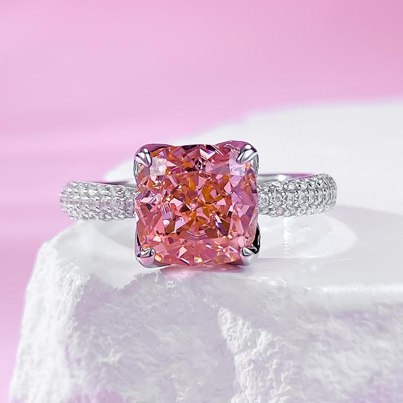 S925 Sterling Silver Pink Flower Bud Square 8*8mm 6A Cubic Zirconia Ring-426(25%)