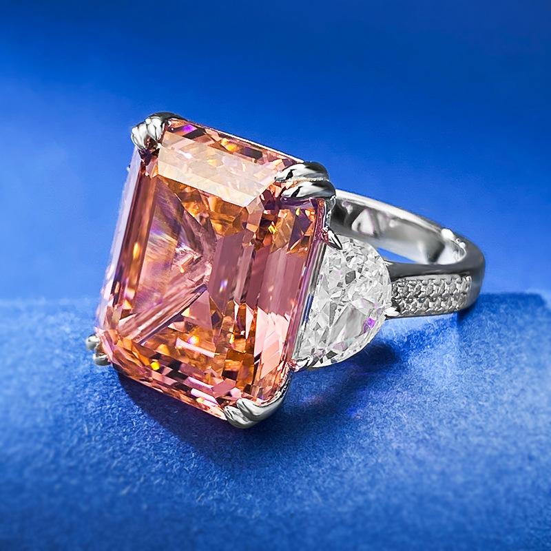 S925 Sterling Silver Orange Pink Grandma Asscher Cut Rectangular Ring 13*16mm 8A Cubic Zirconia Ring 15carats-132(45%)