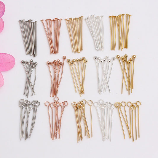 Copper 9-shaped needle/T-shaped needle/Ball-pointed needle, 10 pcs, For Jewelry DIY, Covered By 14/18K Real Gold Or Silver