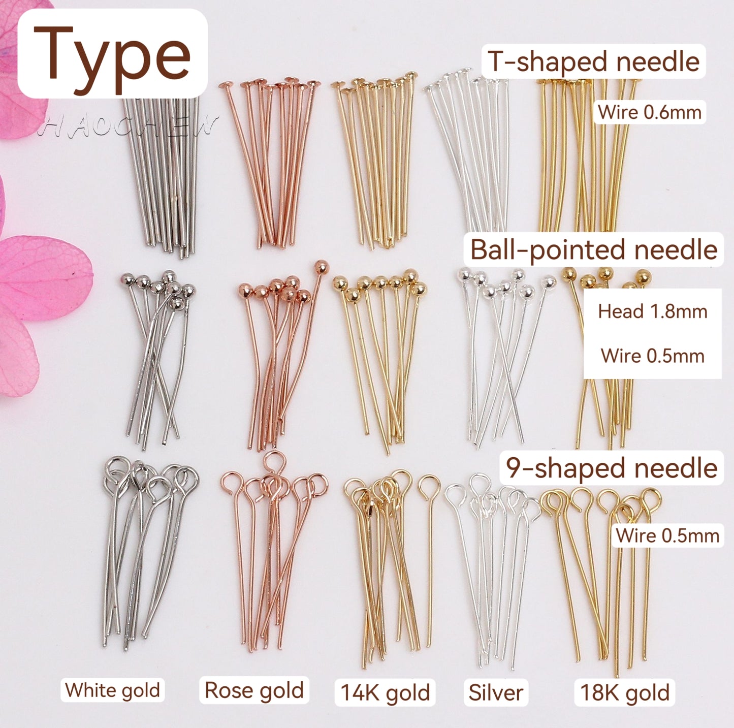 Copper 9-shaped needle/T-shaped needle/Ball-pointed needle, 100 pcs, For Jewelry DIY, Covered By 14/18K Real Gold Or Silver