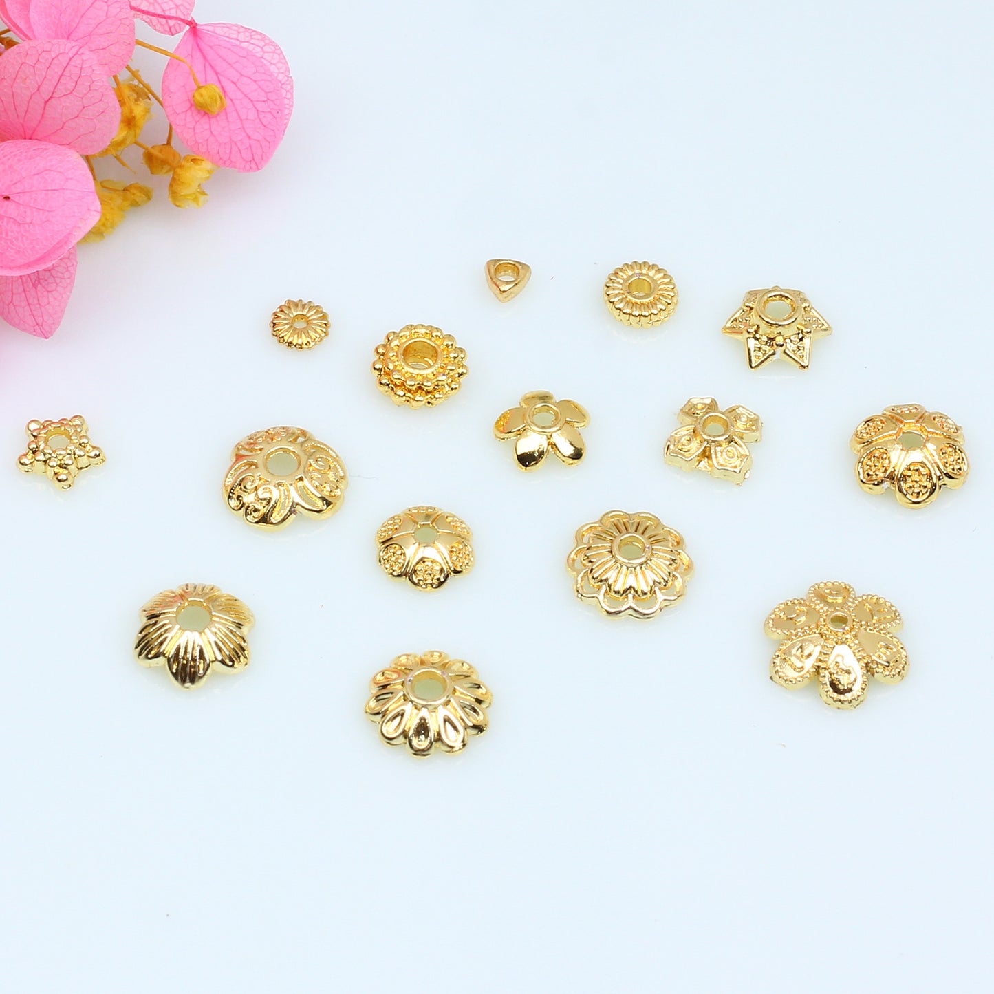 Hollow Petal Alloy Bead Holder For Jewelry DIY，Covered By 14/18K Real Gold Or Silver