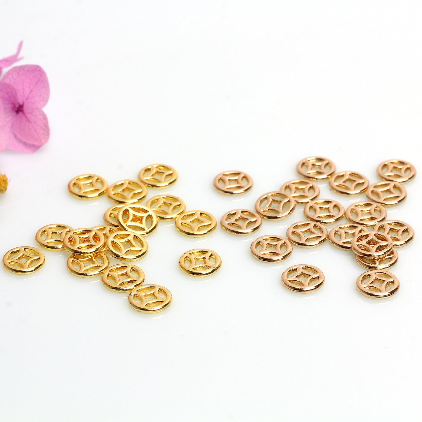 Hollow Copper Beads In The Shape Of Coins  For Jewelry DIY，Covered by 14/18K Real Gold Or Silver