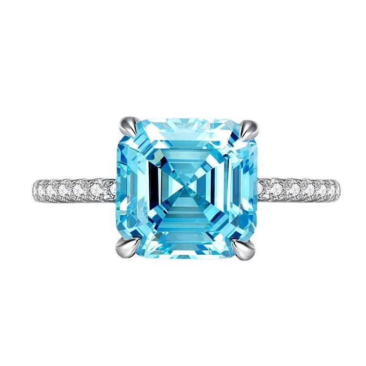 S925 Sterling Silver Blue Asscher Square Cut High Carbon Four Claws Ring 9*9mm 6A Cubic Zirconia Ring-459(25%)