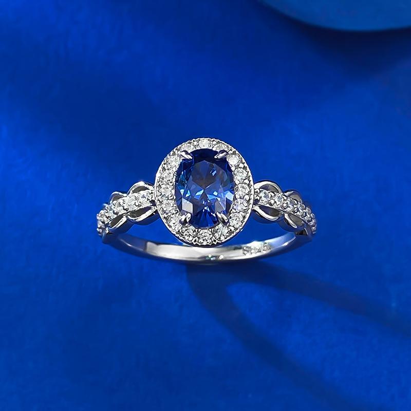 S925 Sterling Silver Blue Cushion Cut Oval Ring 5*7mm 6A Cubic Zirconia Ring-337(35%)