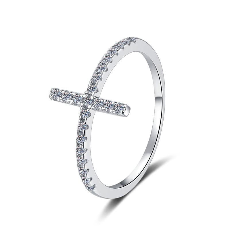 24. NO23 925 Sterling Silver Cross Ring Synthetic Moissanite Ring