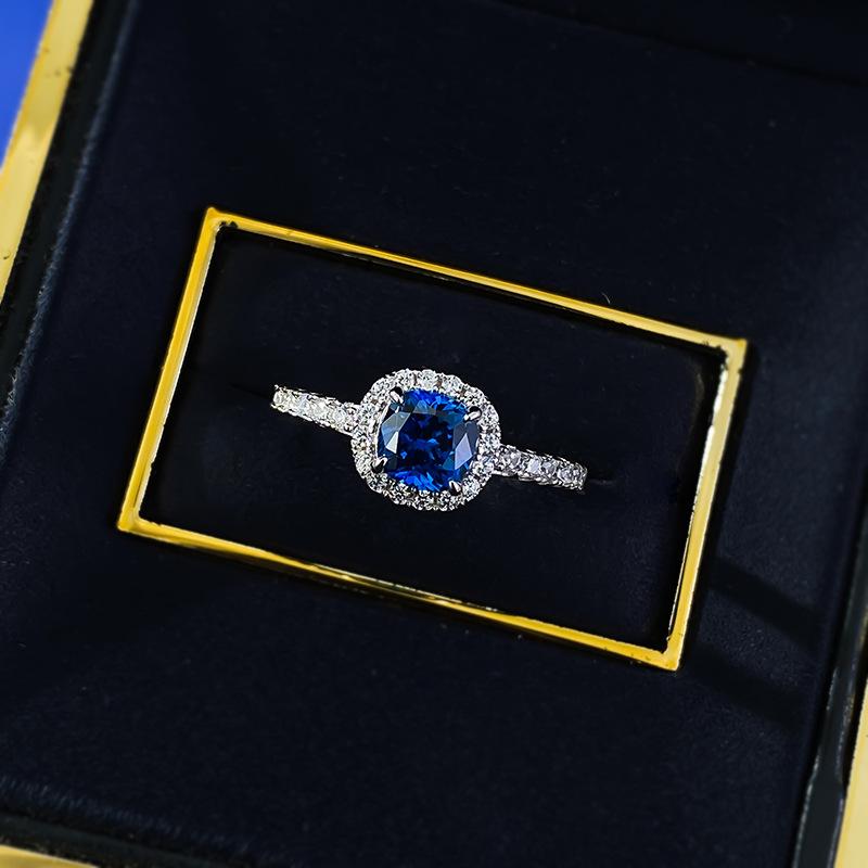 S925 Sterling Silver Blue Cushion Cut Sqare Ring 6*6mm 6A Cubic Zirconia Ring-376(35%)