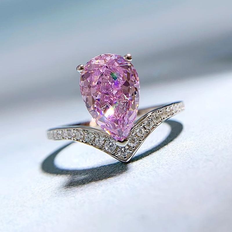 S925 Sterling Silver Purple/White Pear Shaped 7*11mm 8A Cubic Zirconia Ring-442 emerald  ring(25%)