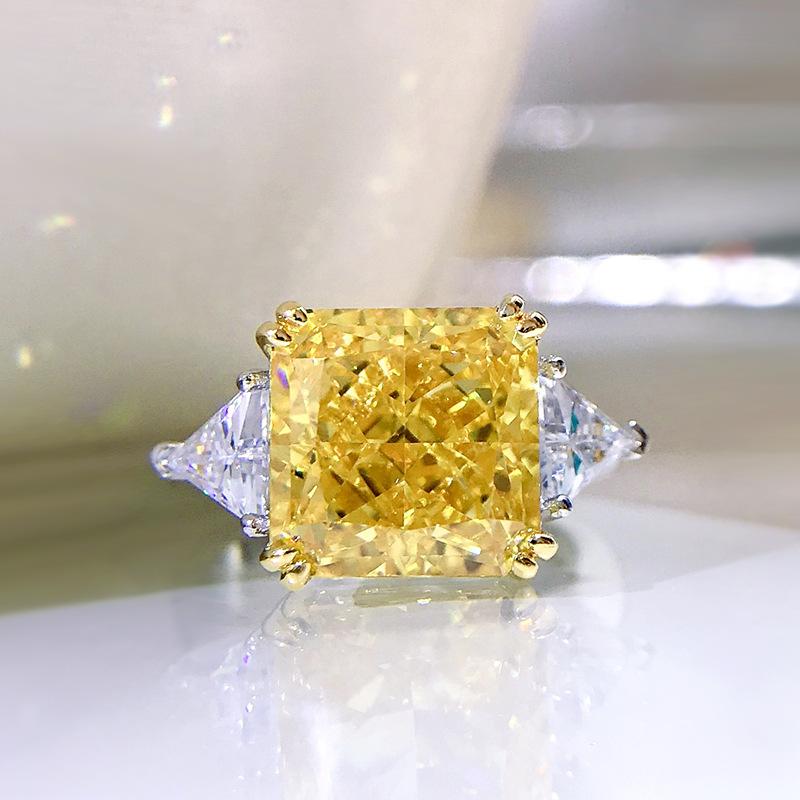 S925 Sterling Silver Yellow Three stones Square 10*10mm 5Carats 8A Cubic Zirconia Ring-153(45%)