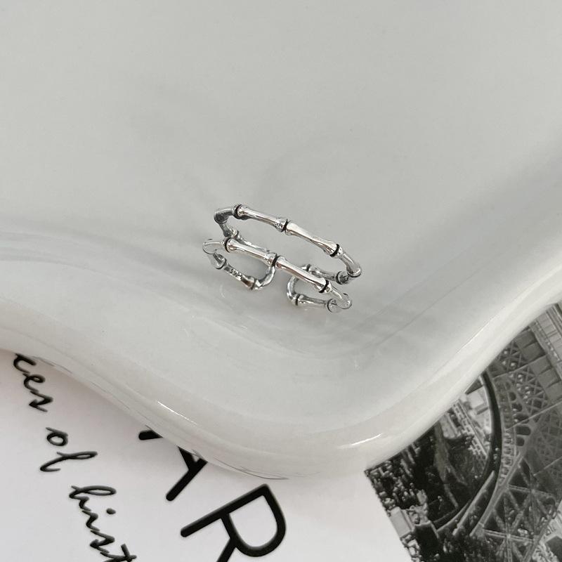 S925 Sterling Silver Vintage Distressed Double Layer Bamboo Knot Ring for Women Open Ring - 502(45%)