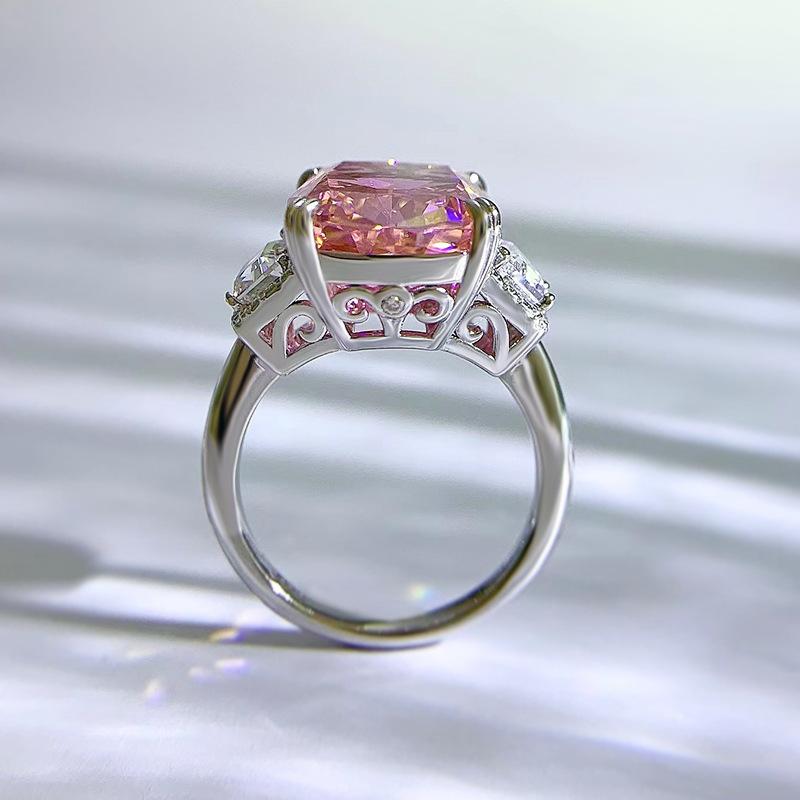 S925 Sterling Silver Pink Rectangular Three Stones 11*15mm 8A Cubic Zirconia Ring-441(25%)