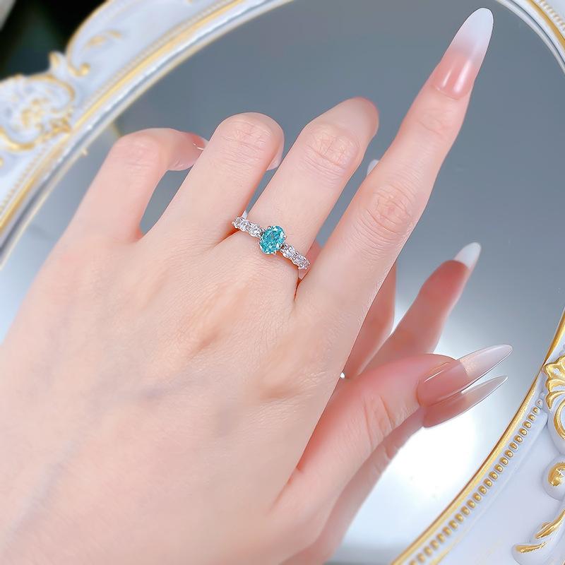 S925 Sterling Silver Blue Oval Cut Four Claws Seven Stones Ring 5*7mm 6A Cubic Zirconia Ring-463(25%)