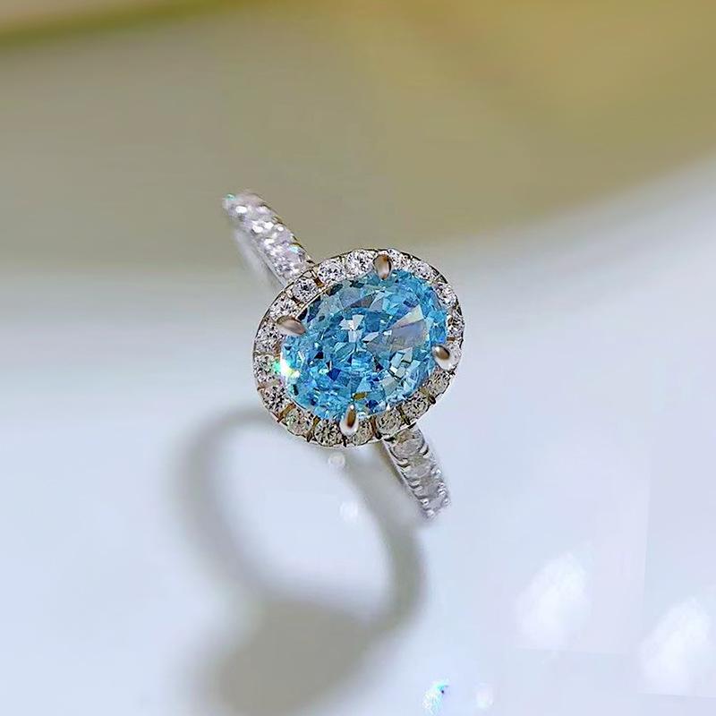 S925 Sterling Silver Aquamarine Radiant Cut Oval Ring 6*8mm 6A Cubic Zirconia Ring-239(35%)