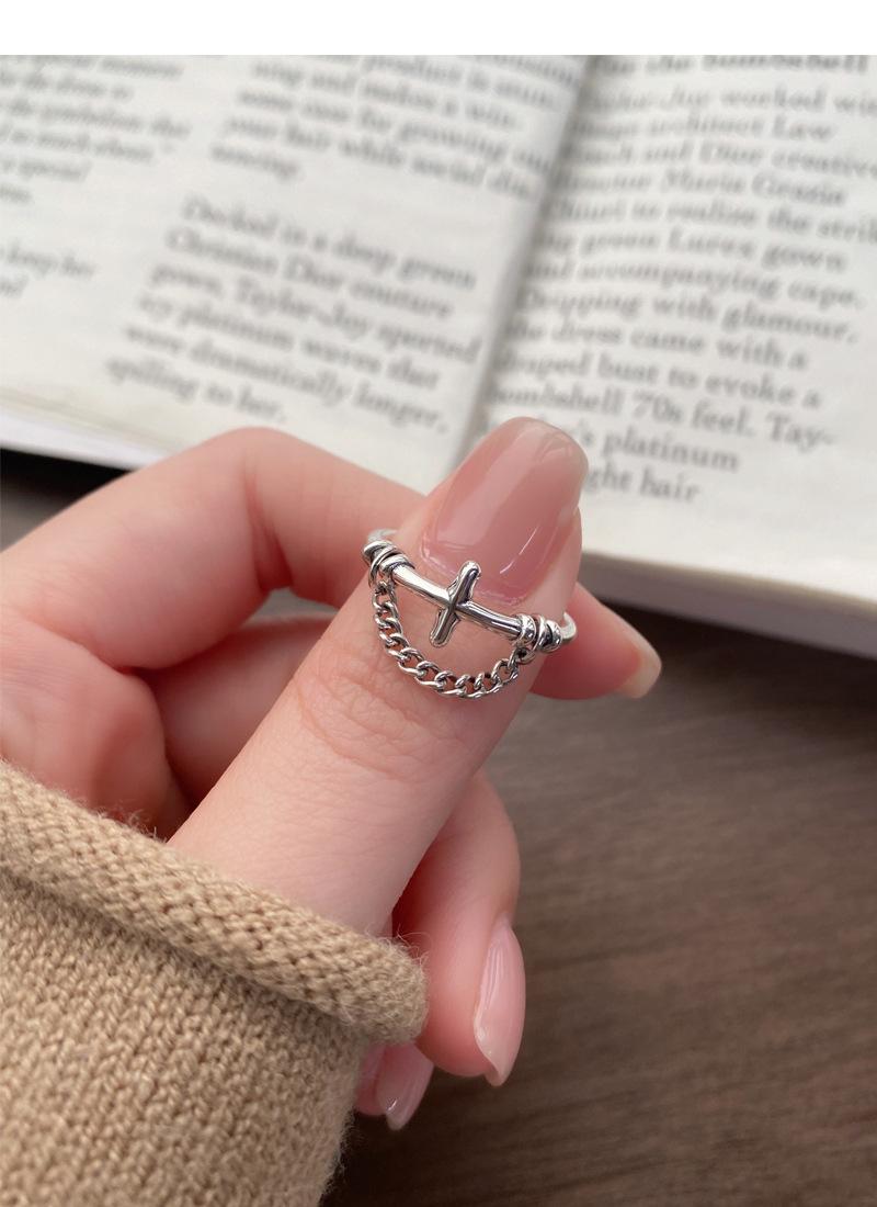 S925 Sterling Silver Vintage Chain Cross Silver Ring for Women - 505(45%)