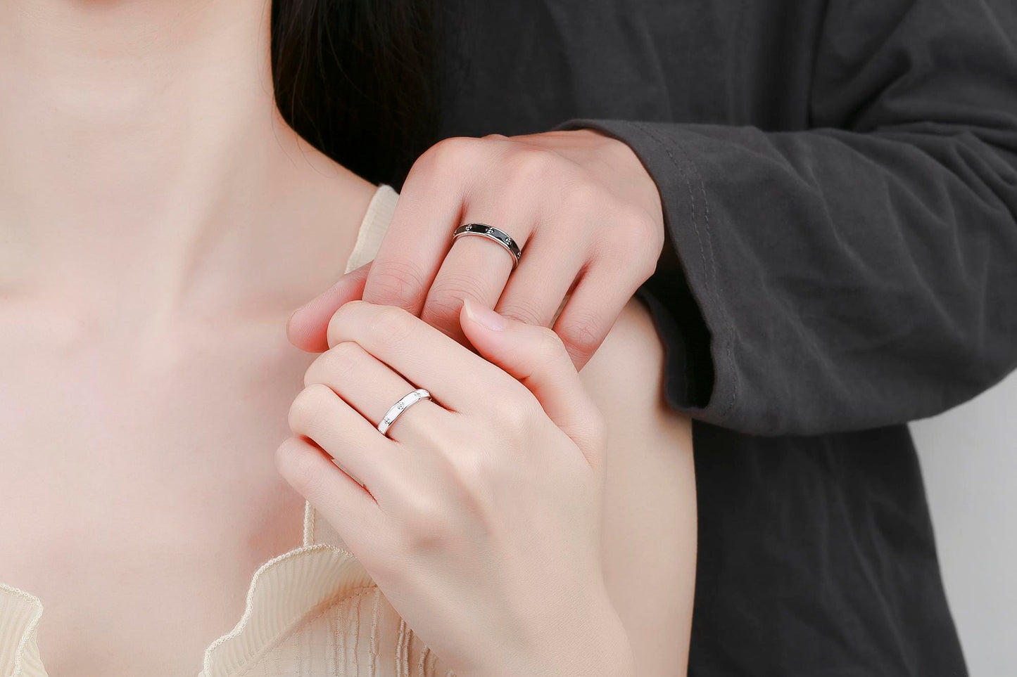 S925 Sterling Silver Simple Couple Rings Black and White Matte Rhombus Design-484(45%)