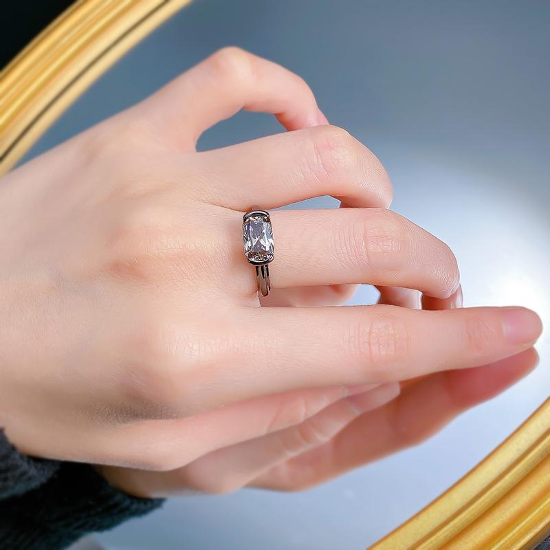 S925 Sterling Silver Black Golden Radiant Cut Rectangular Ring 6*9mm 6A Cubic Zirconia Ring-348(35%)