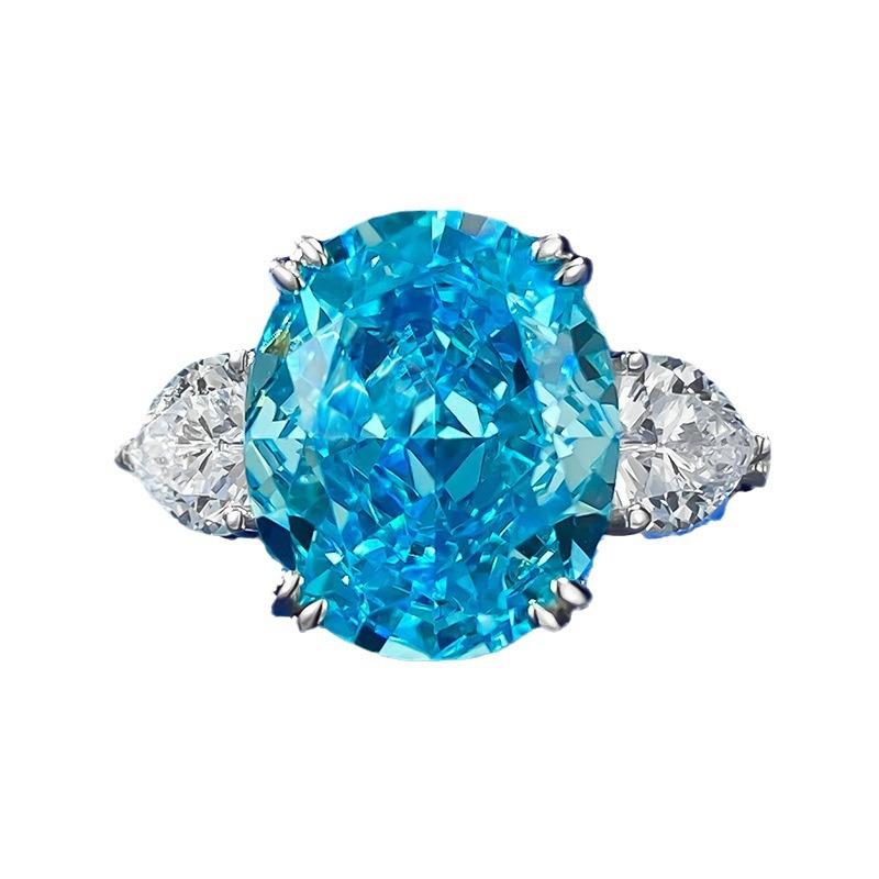 S925 Sterling Silver Aquamarine Three-stones Ice Flower Cut Oval Ring 10*12mm 8A Cubic Zirconia Ring-366(35%)