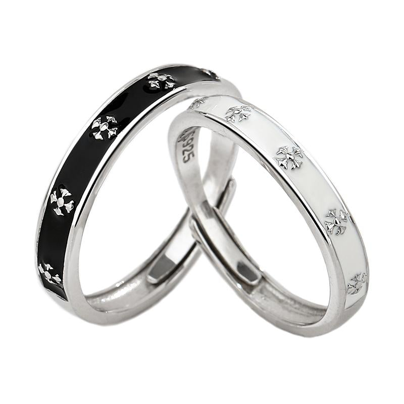 S925 Sterling Silver Simple Couple Rings Black and White Matte Rhombus Design-484(45%)