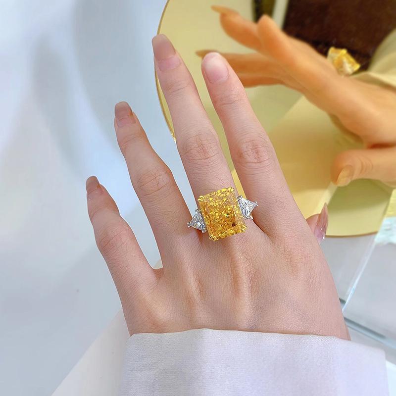 S925 Sterling Silver Pink/Yellow Rectangular Ice Flower Cut Three Stones 13*16mm 8A Cubic Zirconia Ring-444(25%)