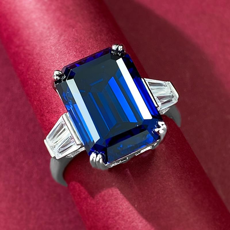 S925 Sterling Silver Blue Grandma Rectangular 10*14mm 6A Cubic Zirconia Ring-148(45%)