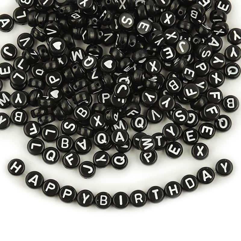 100 Pcs/Pack Acrylic Flat round Beads Diy Black Background White Love Beads/Single English Letter Loose Beads