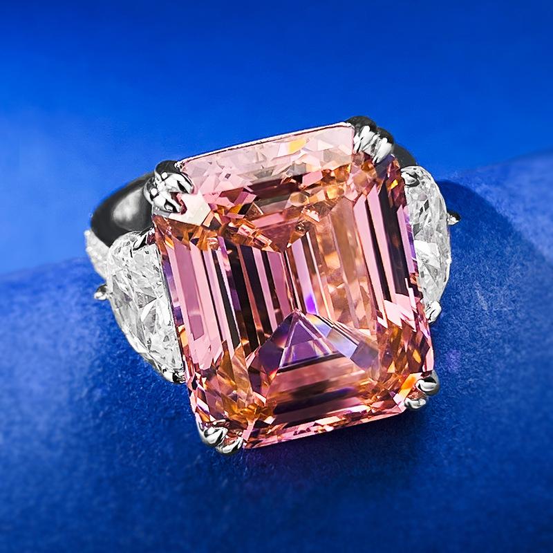S925 Sterling Silver Orange Pink Grandma Asscher Cut Rectangular Ring 13*16mm 8A Cubic Zirconia Ring 15carats-132(45%)