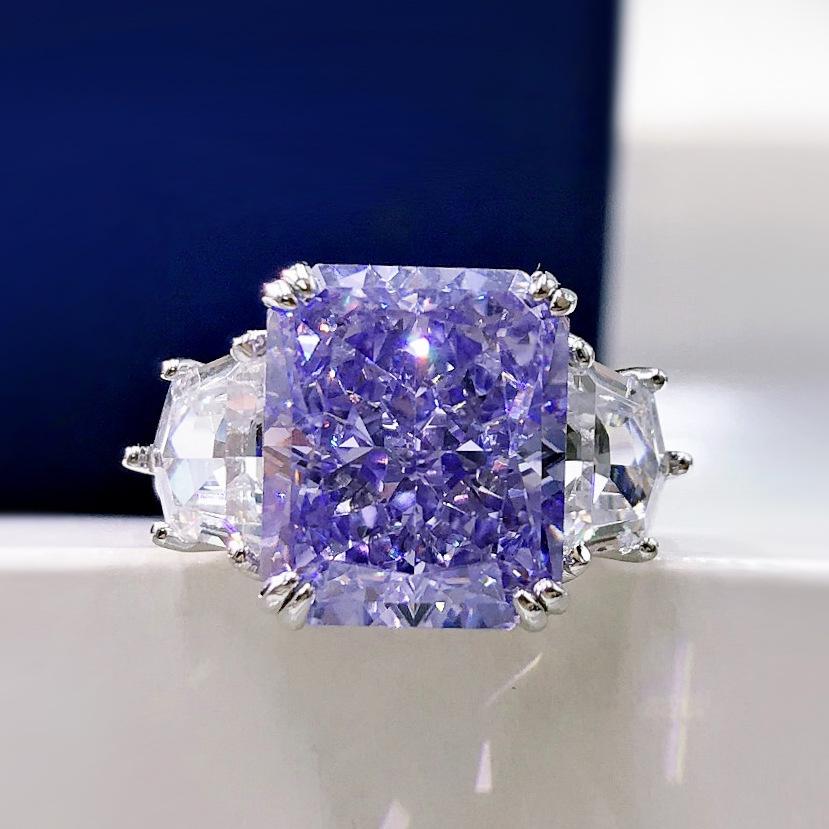 S925 Sterling Silver Yellow/Purple Radiant Cut High Carbon Three Stones Ring 10*12mm 8A Cubic Zirconia Ring-454(25%)